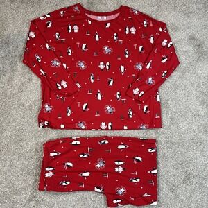 Joyspun Women's L Red Penguin Pajama Set Long Sleeve Top‎ Pants Sleepwear